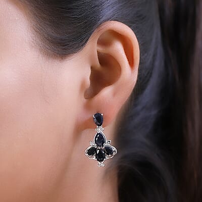 Australian Midnight Sapphire Dangling Earrings in Platinum Over Sterling Silver 8.50 ctw