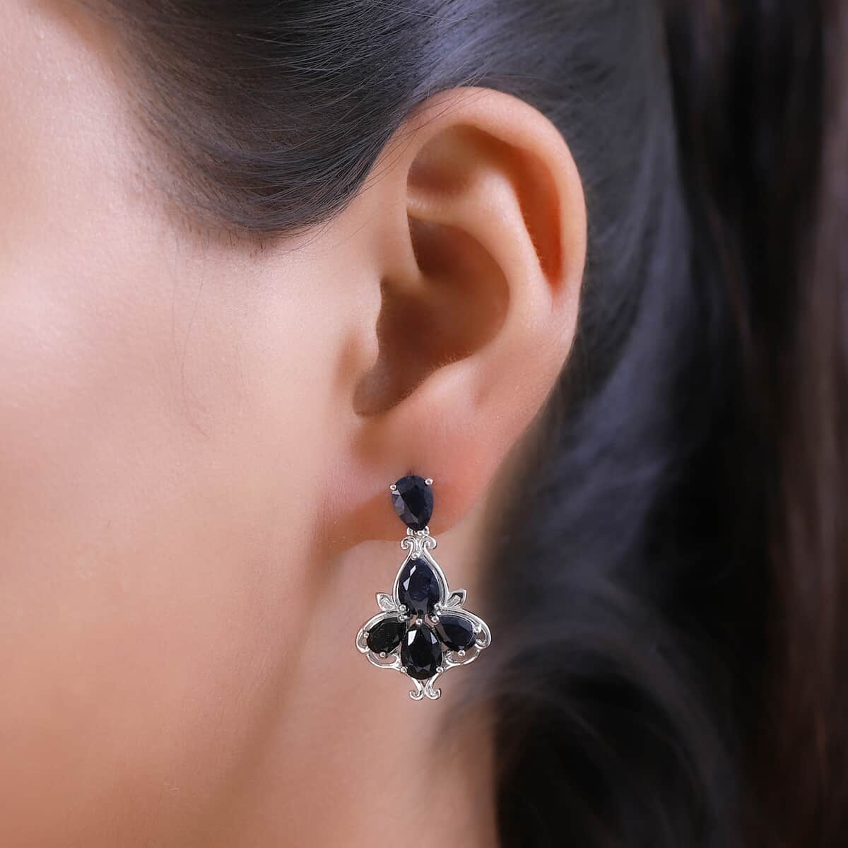 Australian Midnight Sapphire Dangling Earrings in Platinum Over Sterling Silver 8.50 ctw image number 2