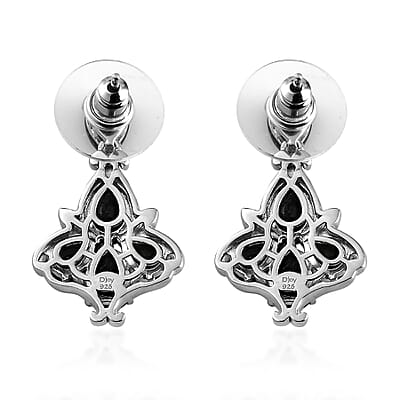 Australian Midnight Sapphire Dangling Earrings in Platinum Over Sterling Silver 8.50 ctw