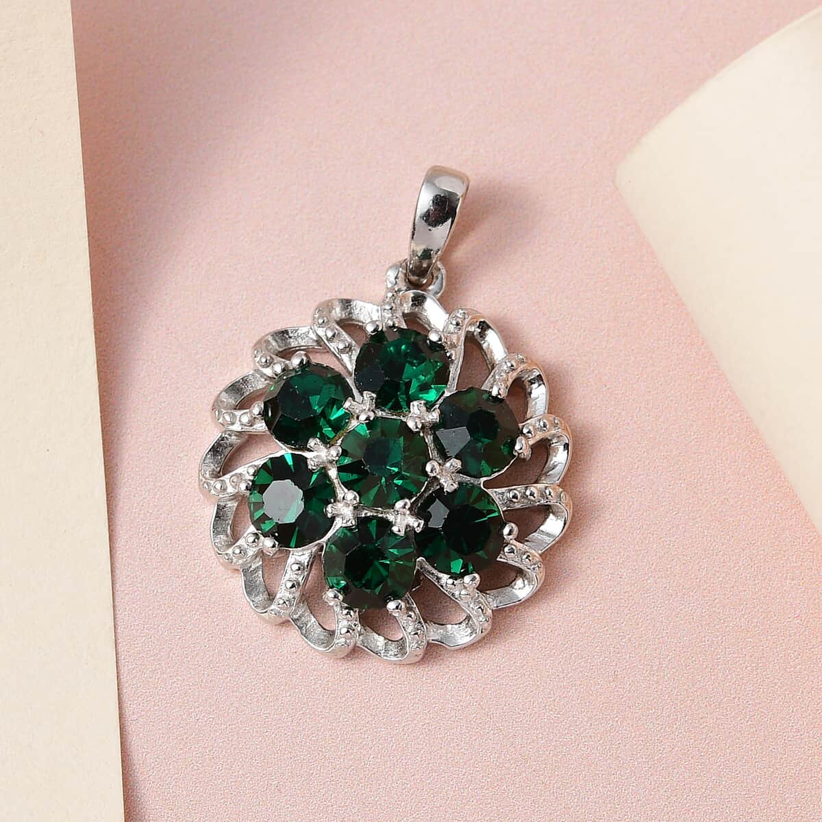 Karis Emerald Color Crystal Floral Pendant in Platinum Bond image number 1