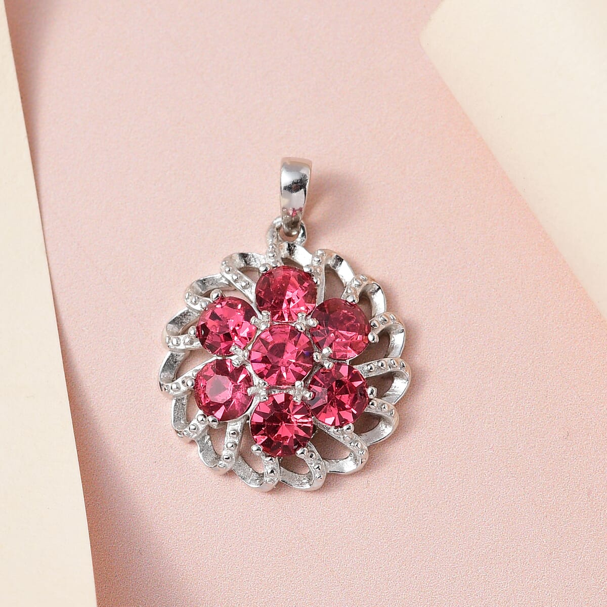 Karis Rose Color Crystal Floral Pendant without Chain in Platinum Bond image number 1