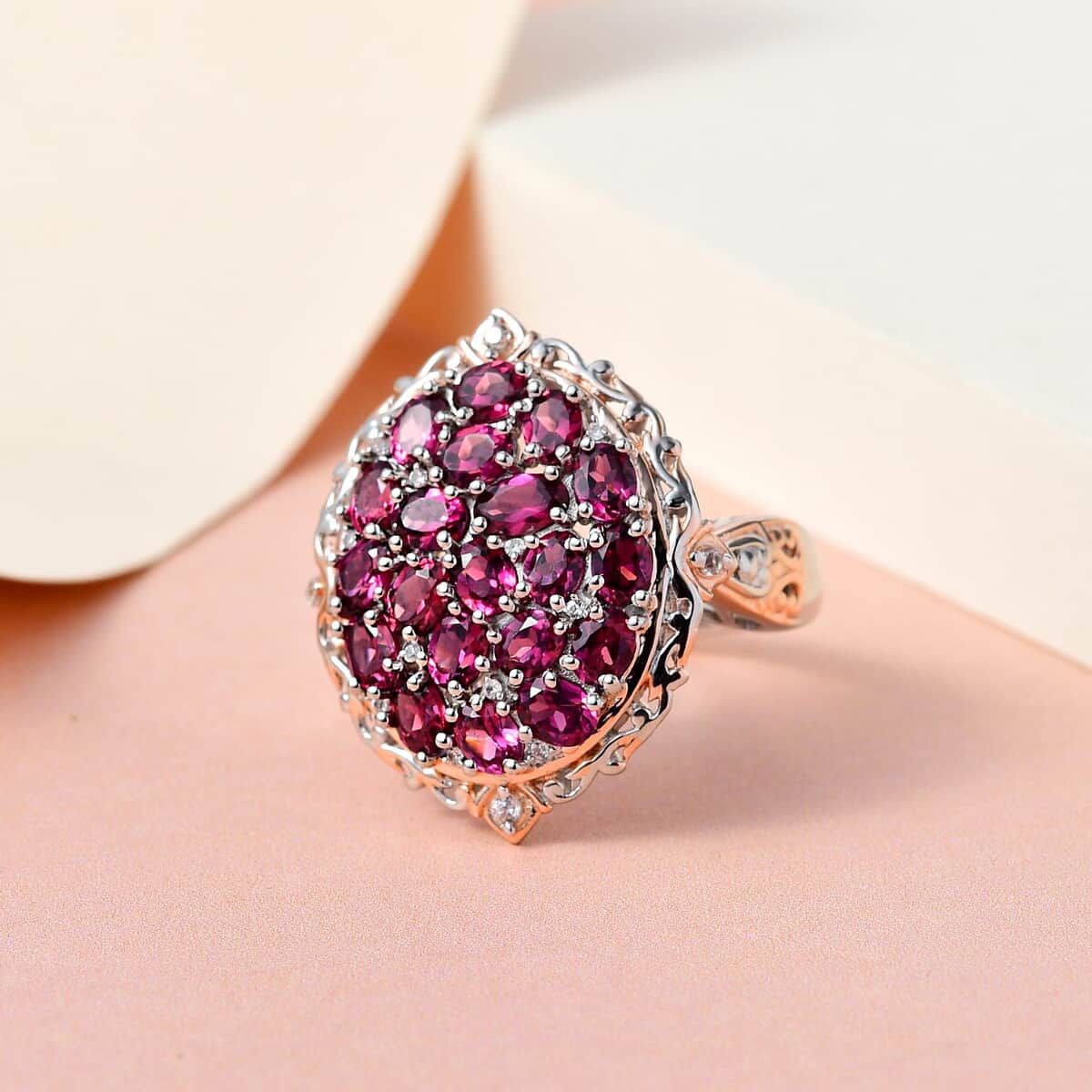 Natural Tanzanian Wine Garnet, Natural White Zircon Cluster Ring in Vermeil Rose Gold and Platinum Over Sterling Silver 4.35 ctw image number 1