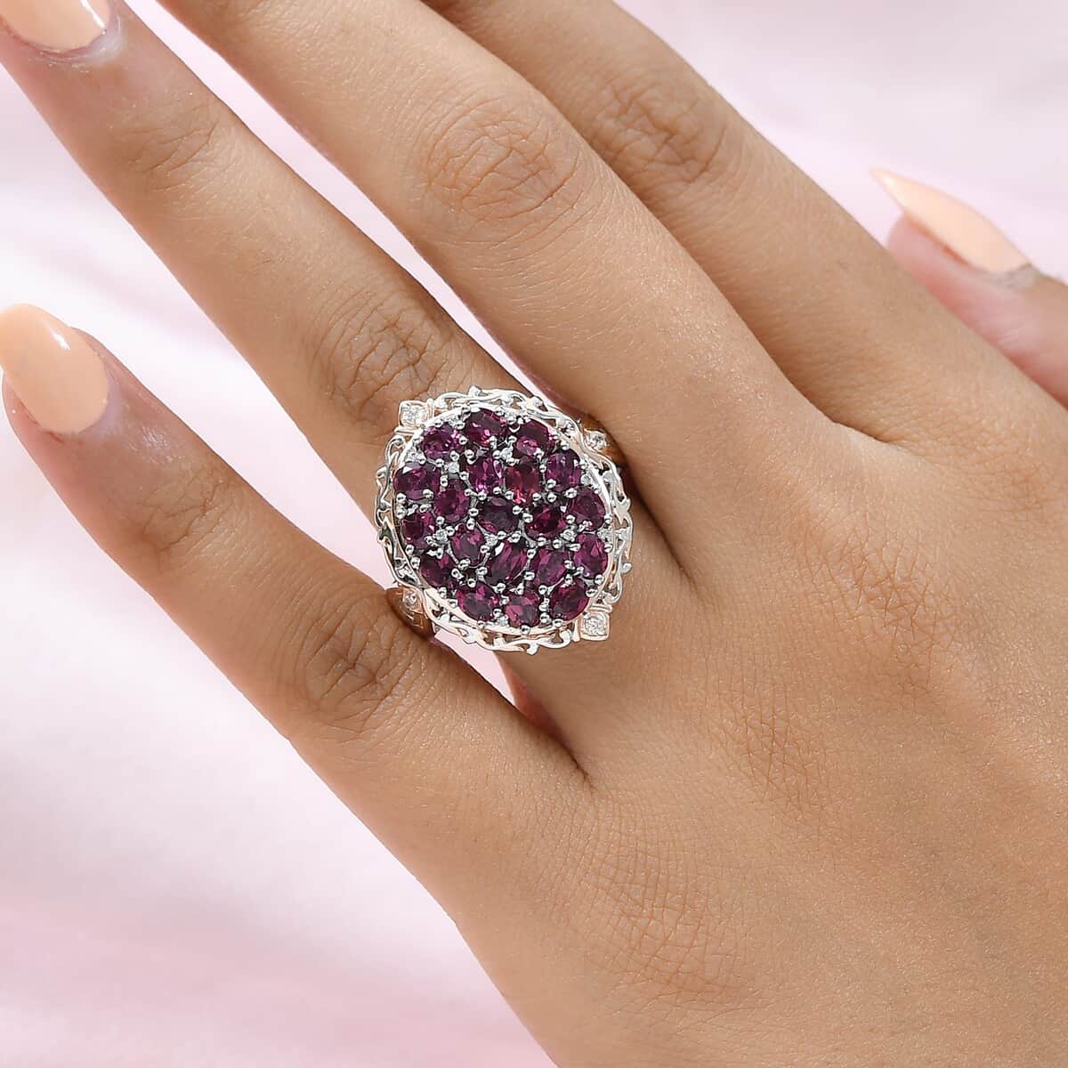 Natural Tanzanian Wine Garnet, Natural White Zircon Cluster Ring in Vermeil Rose Gold and Platinum Over Sterling Silver 4.35 ctw image number 2