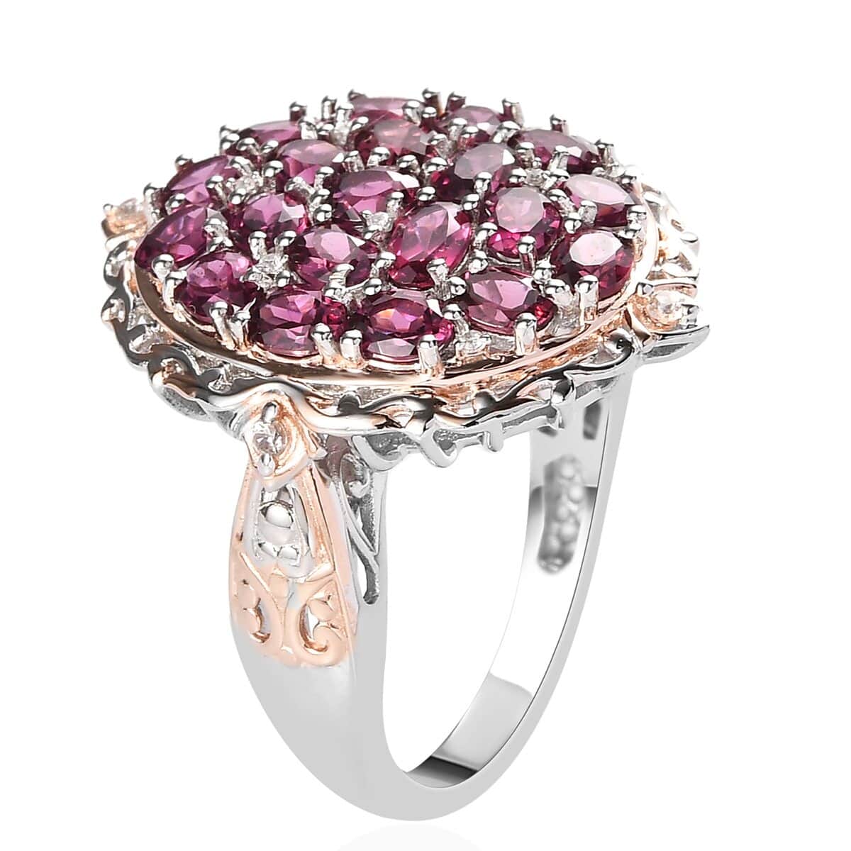 Natural Tanzanian Wine Garnet, Natural White Zircon Cluster Ring in Vermeil Rose Gold and Platinum Over Sterling Silver 4.35 ctw image number 3