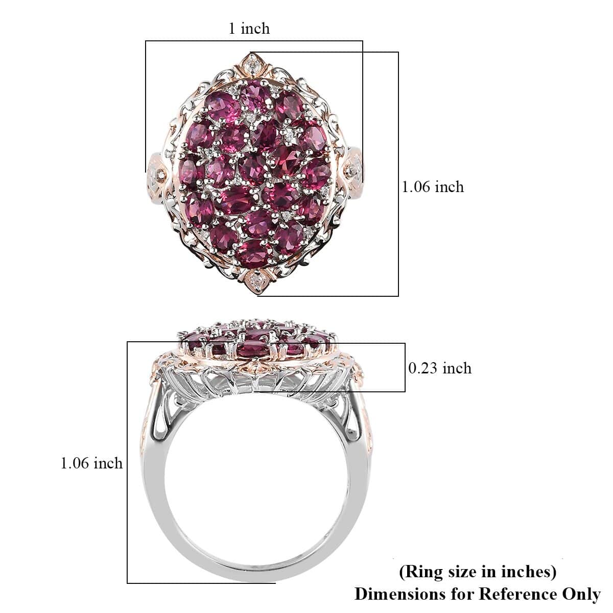 Natural Tanzanian Wine Garnet, Natural White Zircon Cluster Ring in Vermeil Rose Gold and Platinum Over Sterling Silver 4.35 ctw image number 5