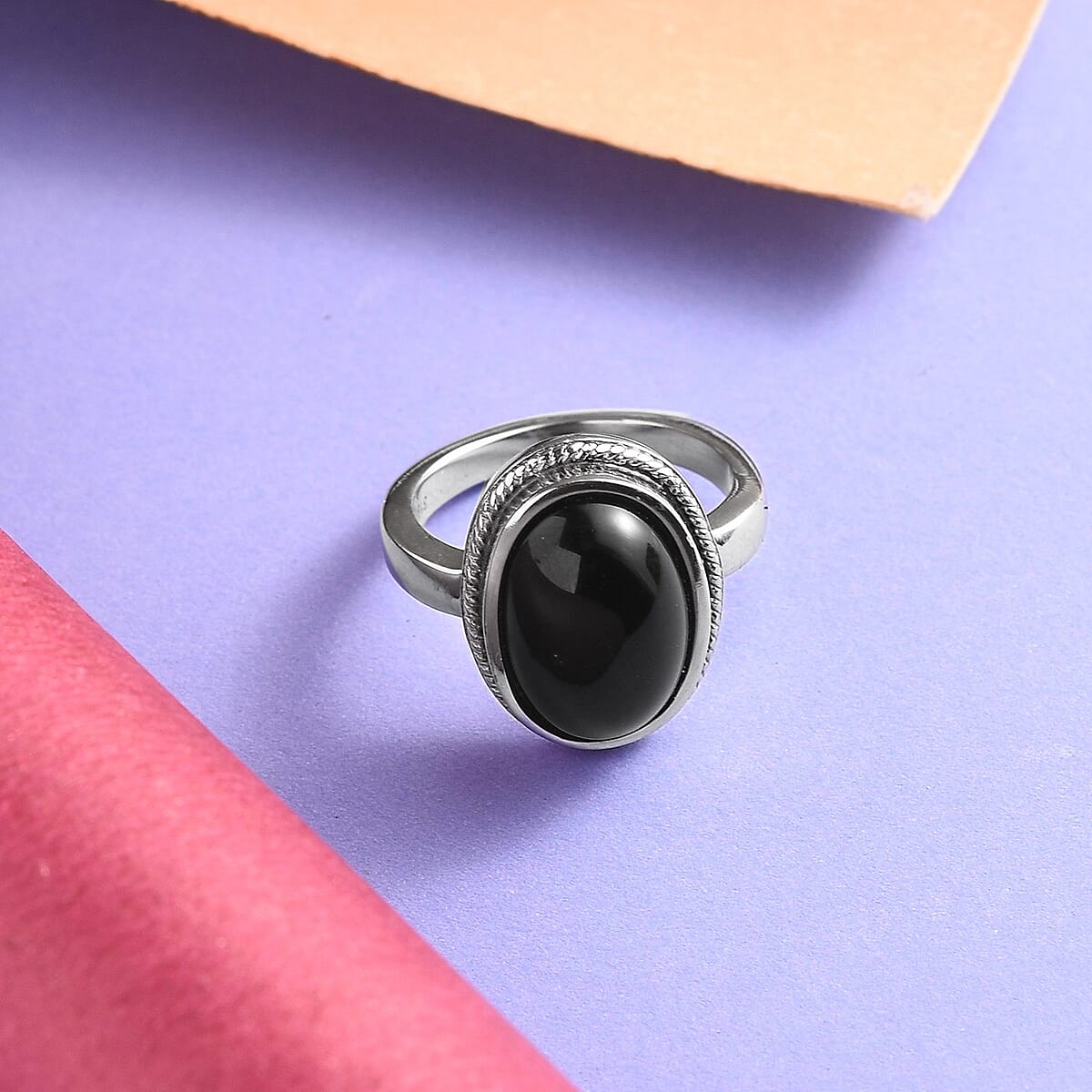 Black Onyx Solitaire Ring in Stainless Steel (Size 7.0) 6.30 ctw image number 2