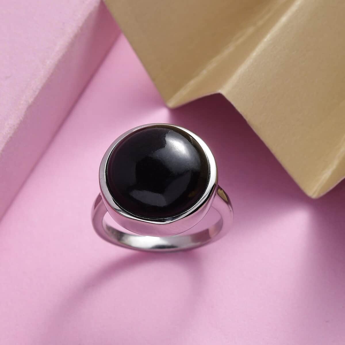 Australian Black Tourmaline Men's Ring in Stainless Steel 12.25 ctw image number 2