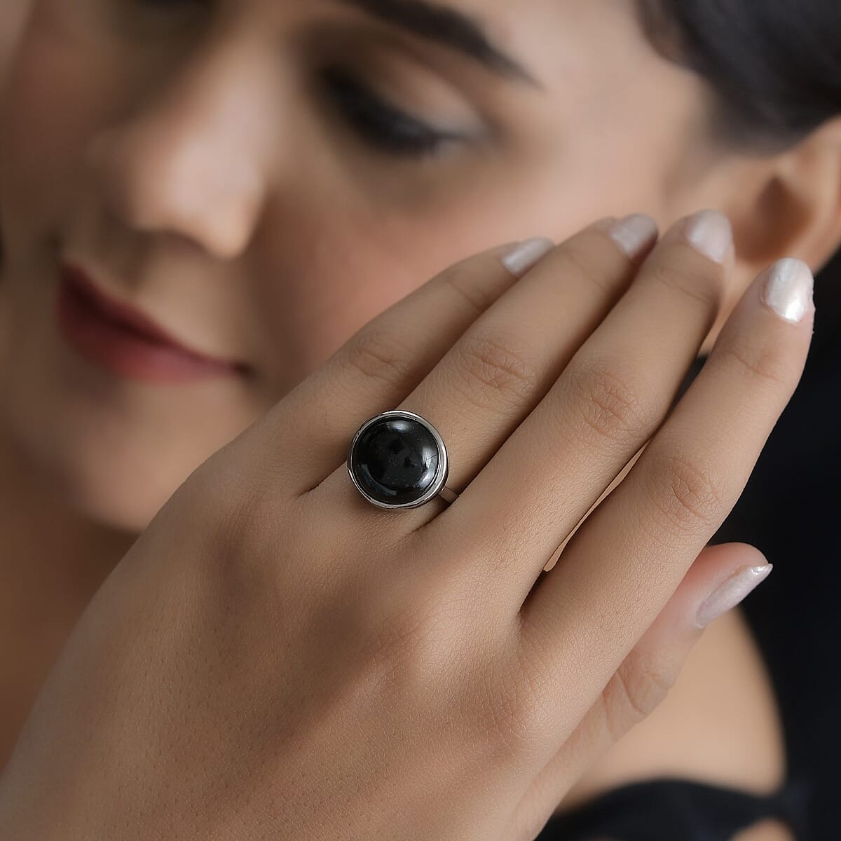 Australian Black Tourmaline Men's Ring in Stainless Steel (Size 9.0) 12.25 ctw image number 4