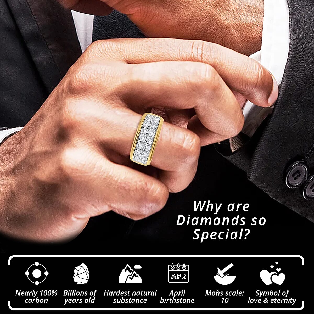 Diamond Men's Ring, 10K Yellow Gold Ring, Diamond Cluster Ring, Gold Rings For Men, Wedding Ring For Him 2.00 ctw image number 2