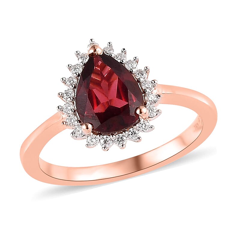 Tanzanian Wine Garnet and Moissanite Halo Ring in Vermeil Rose Gold Over Sterling Silver (Size 10.0) 2.00 ctw