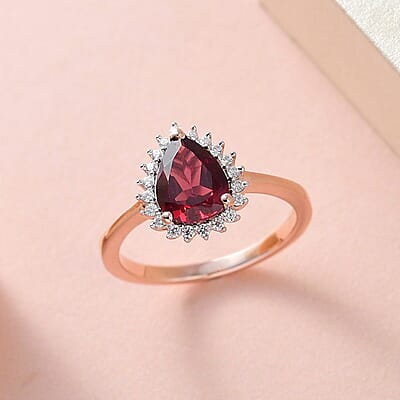 Tanzanian Wine Garnet and Moissanite Halo Ring in Vermeil Rose Gold Over Sterling Silver (Size 10.0) 2.00 ctw