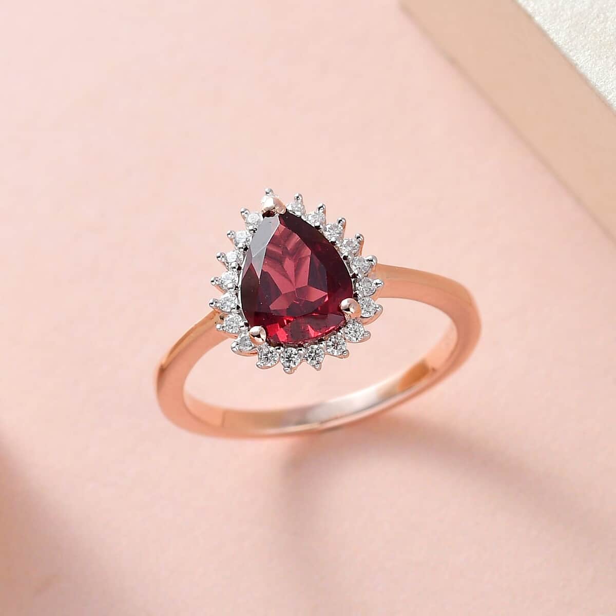 Natural Tanzanian Wine Garnet and Moissanite Halo Ring in Vermeil Rose Gold Over Sterling Silver 2.00 ctw image number 1