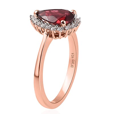 Tanzanian Wine Garnet and Moissanite Halo Ring in Vermeil Rose Gold Over Sterling Silver (Size 10.0) 2.00 ctw