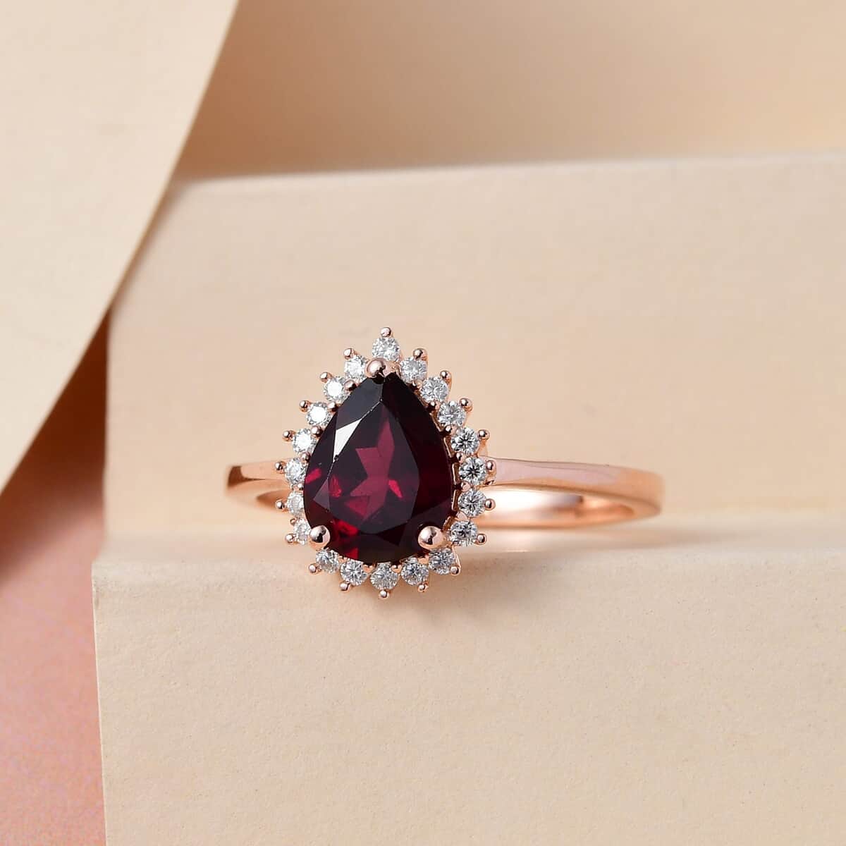 Tanzanian Wine Garnet and Moissanite Halo Ring in Vermeil Rose Gold Over Sterling Silver (Size 8.0) 2.00 ctw image number 1