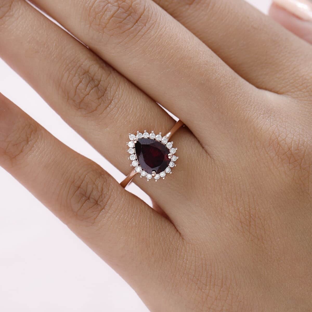 Tanzanian Wine Garnet and Moissanite Halo Ring in Vermeil Rose Gold Over Sterling Silver (Size 8.0) 2.00 ctw image number 2
