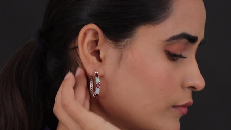 Tanzanian Wine Garnet and Ethiopian Welo Opal Hoop Earrings in Platinum Over Sterling Silver 4.80 ctw