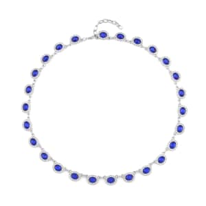 Simulated Blue Sapphire and White Austrian Crystal Necklace 20-22 Inches in Silvertone