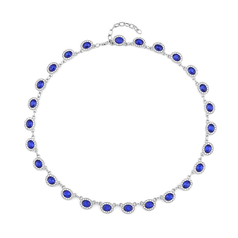 Simulated Blue Sapphire and White Austrian Crystal Necklace 20-22 Inches in Silvertone
