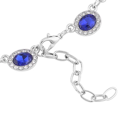 Simulated Blue Sapphire and White Austrian Crystal Necklace 20-22 Inches in Silvertone