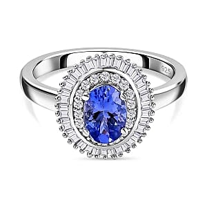 Tanzanite and White Diamond 0.97 ctw Ring in Platinum Over Sterling Silver (Size 11.5)