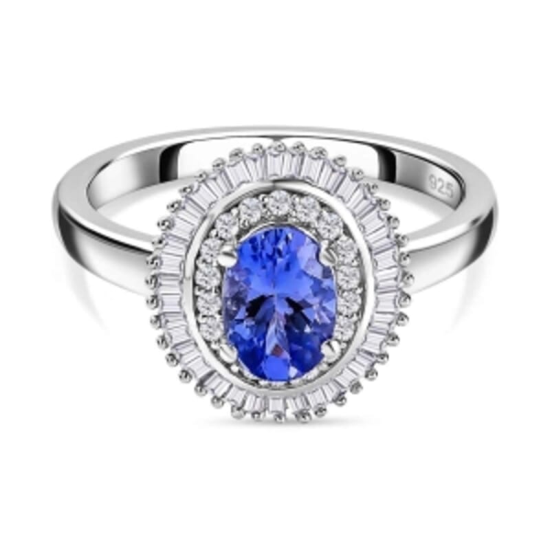 Tanzanite and White Diamond 0.97 ctw Ring in Platinum Over Sterling Silver (Size 11.5)