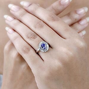 Tanzanite and White Diamond 0.97 ctw Ring in Platinum Over Sterling Silver (Size 11.5)