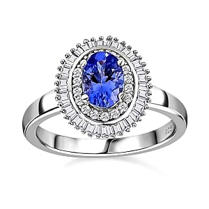 Tanzanite and White Diamond 0.97 ctw Ring in Platinum Over Sterling Silver (Size 11.5)