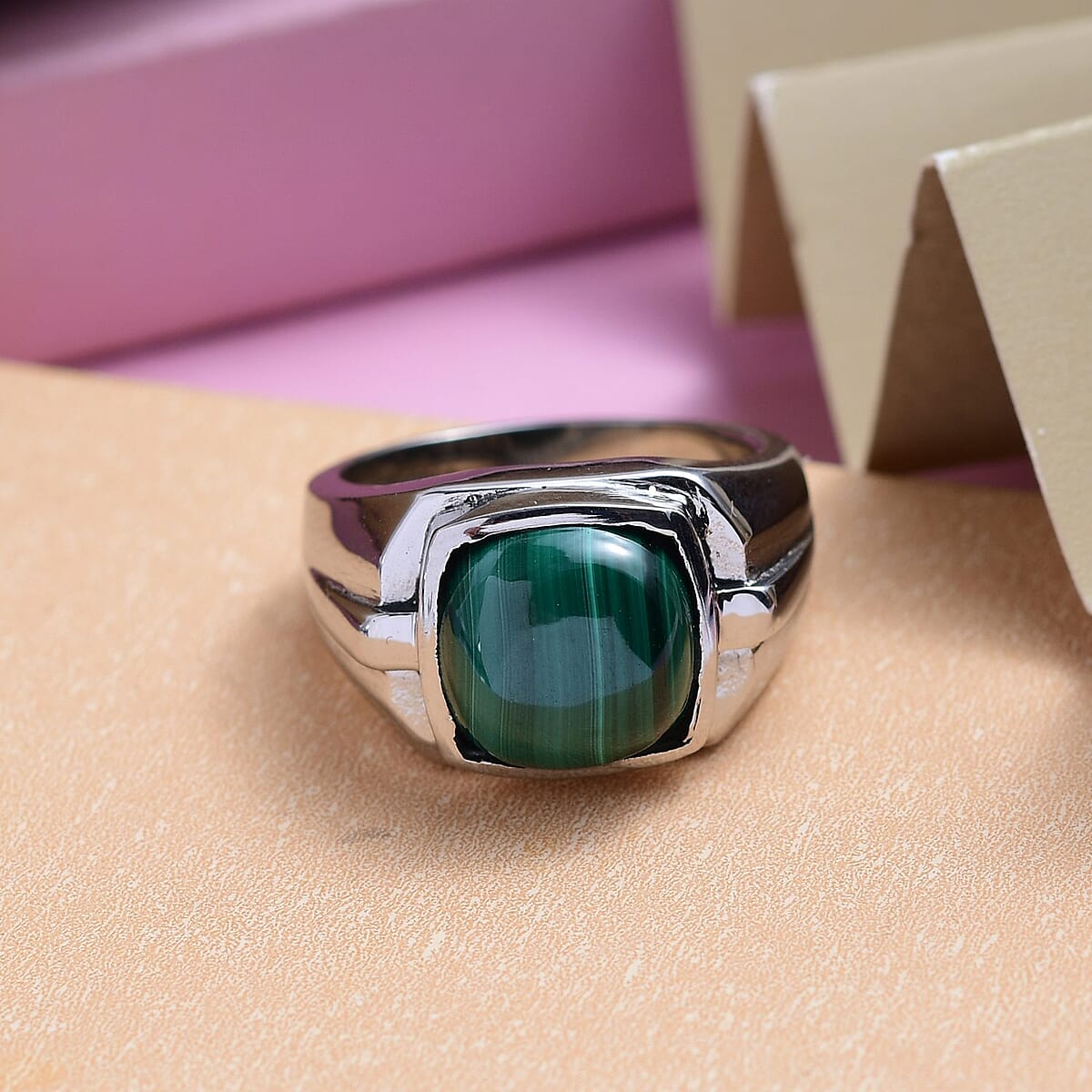 African Malachite Men's Ring in Stainless Steel (Size 10.0) 8.90 ctw image number 2