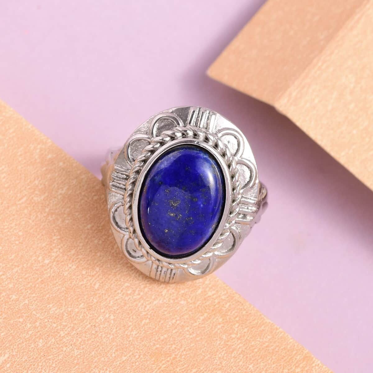 Lapis Lazuli Solitaire Ring in Stainless Steel (Size 6.0) 6.75 ctw image number 4