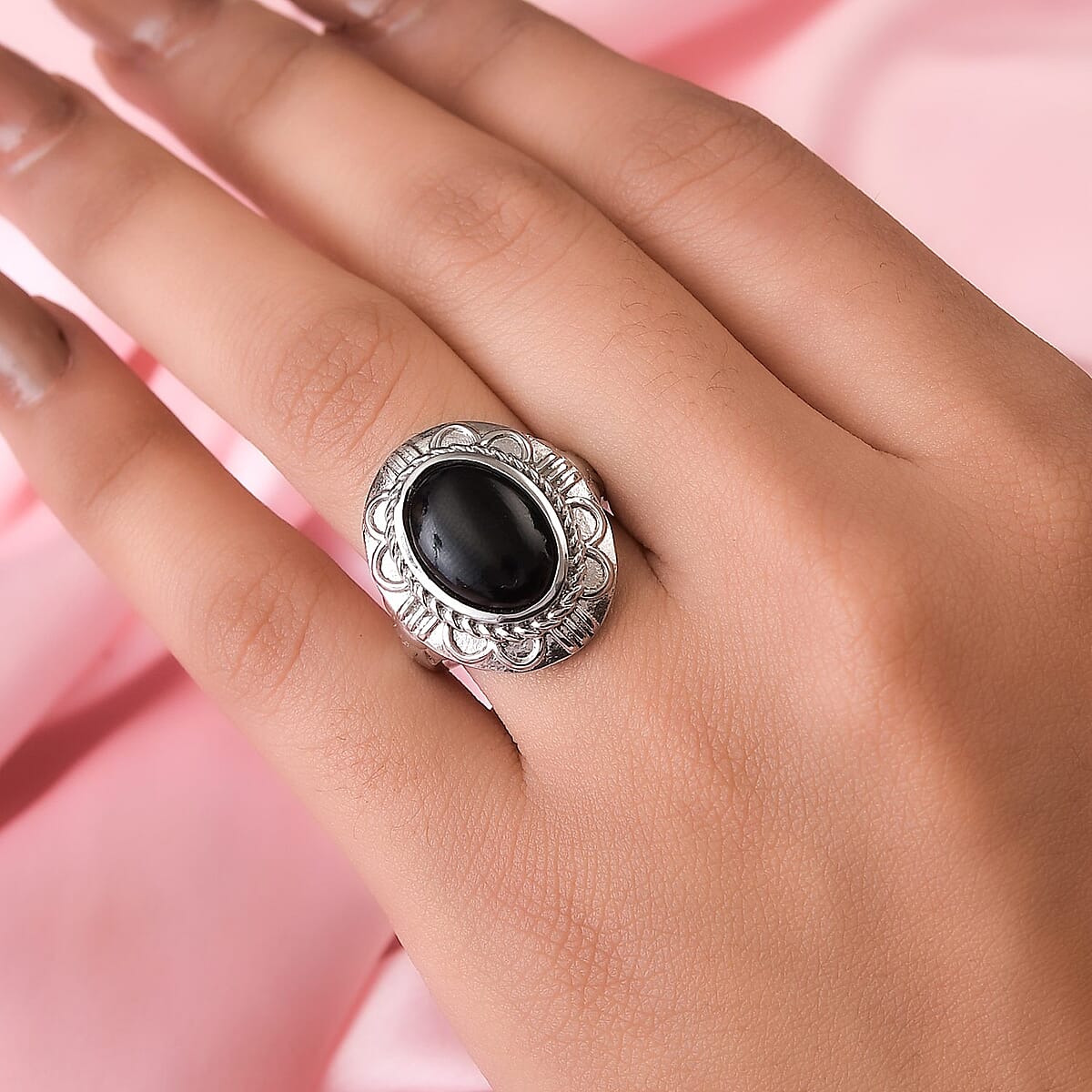 Black Onyx Solitaire Ring in Stainless Steel (Size 6) 5.15 ctw image number 1