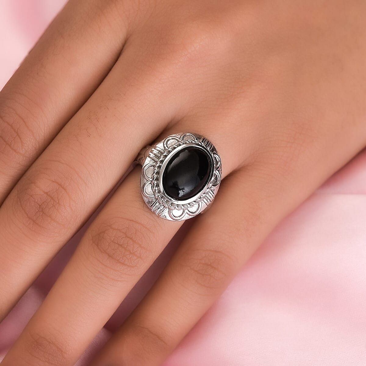 Black Onyx Solitaire Ring in Stainless Steel (Size 6) 5.15 ctw image number 2