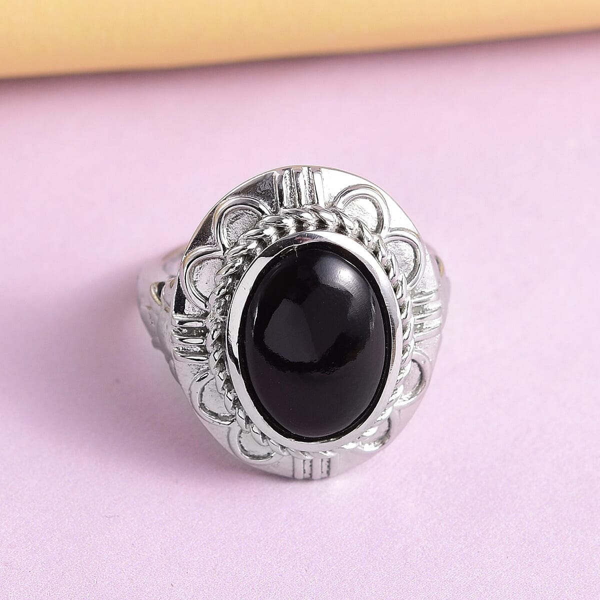 Black Onyx Solitaire Ring in Stainless Steel (Size 6) 5.15 ctw image number 3