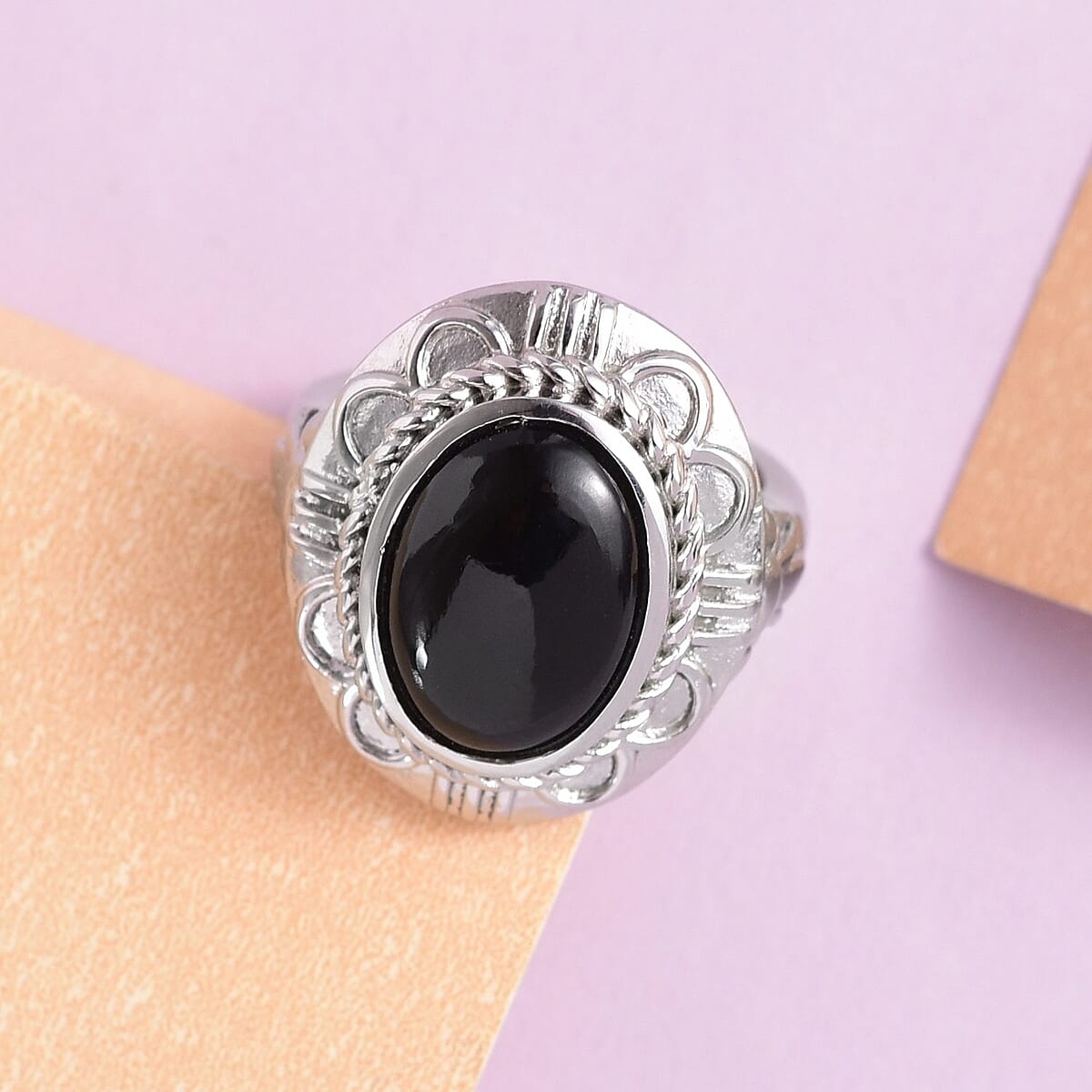 Black Onyx Solitaire Ring in Stainless Steel (Size 6) 5.15 ctw image number 4