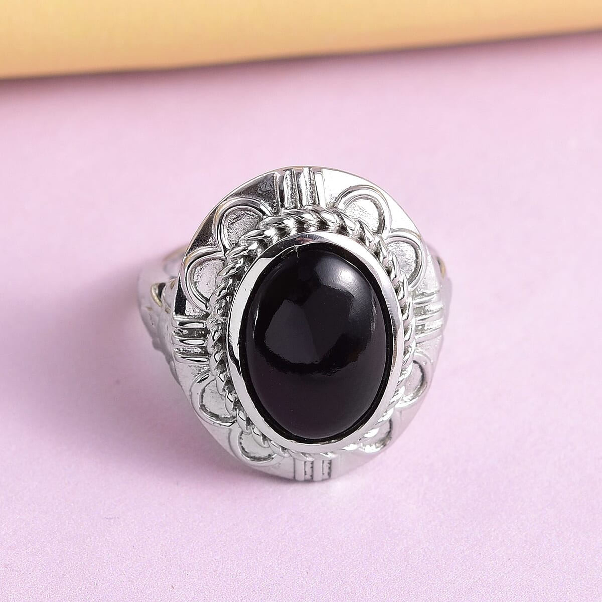 Black Onyx Solitaire Ring in Stainless Steel (Size 7.0) 5.15 ctw image number 3