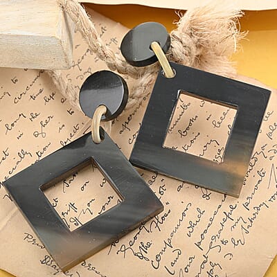 Black Ox Bone Earrings in Goldtone