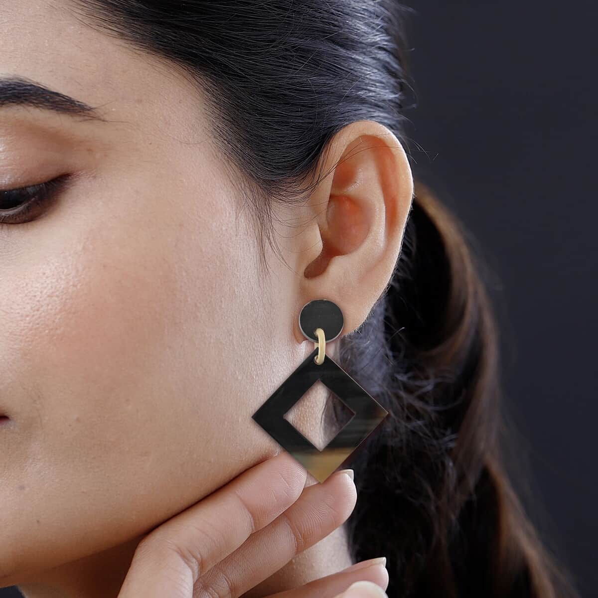 Black Ox Bone Earrings in Goldtone image number 2