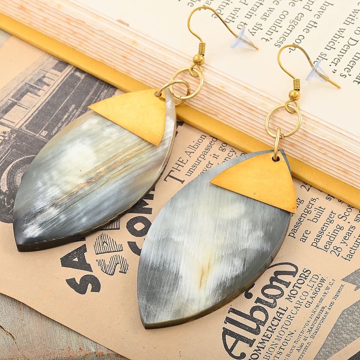Ox Bone Marquise Shape Earrings in Goldtone image number 1