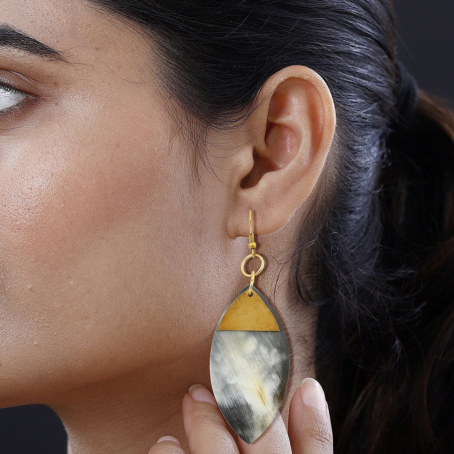Ox Bone Marquise Shape Earrings in Goldtone