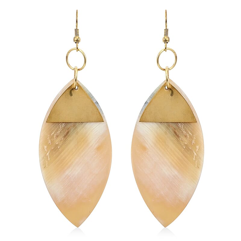 Ox Bone Marquise Shape Dangle Earrings in Goldtone