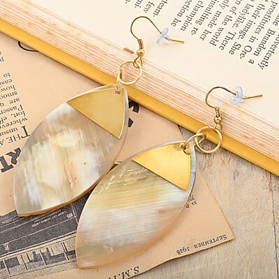 Ox Bone Marquise Shape Dangle Earrings in Goldtone