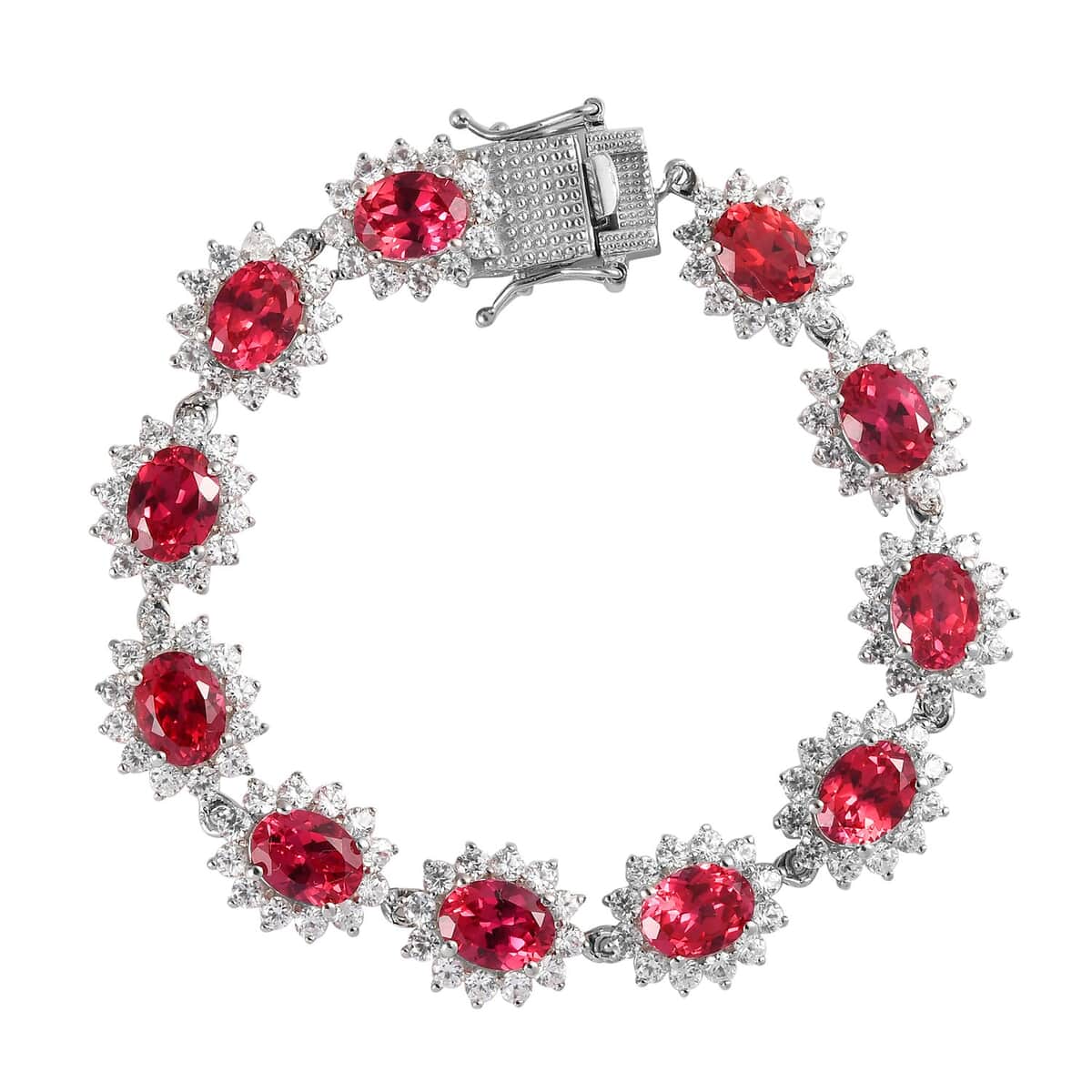 Lab Created Padparadscha Sapphire and Natural White Zircon Bracelet in Platinum Over Sterling Silver (7.25 In) 15.90 Grams 26.40 ctw image number 0