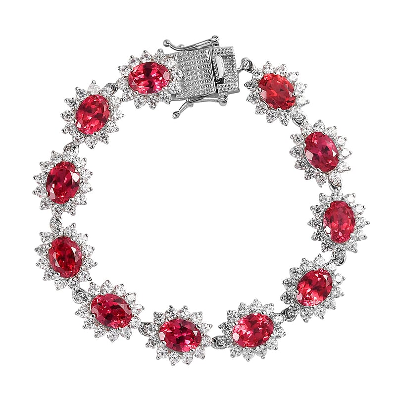 Lab Created Padparadscha Sapphire and White Zircon Bracelet in Platinum Over Sterling Silver (7.25 In) 26.40 ctw