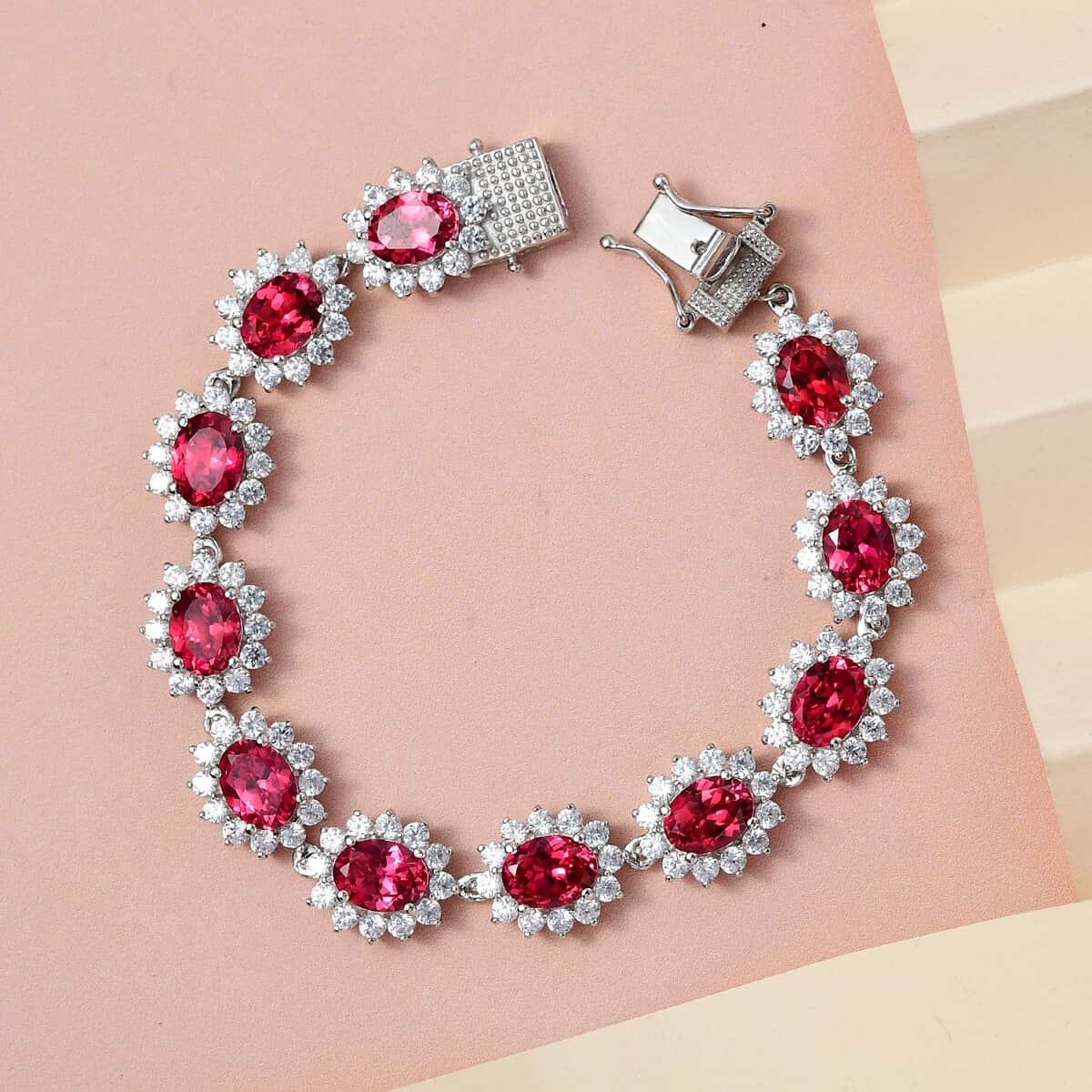 Lab Created Padparadscha Sapphire and Natural White Zircon Bracelet in Platinum Over Sterling Silver (7.25 In) 15.90 Grams 26.40 ctw image number 1