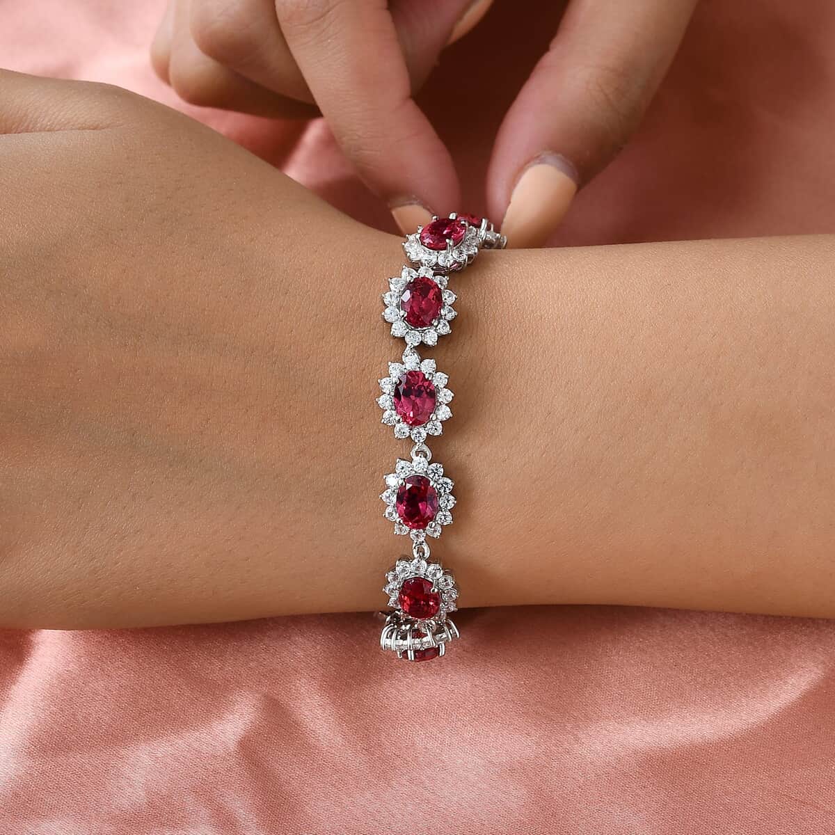 Lab Created Padparadscha Sapphire and Natural White Zircon Bracelet in Platinum Over Sterling Silver (7.25 In) 15.90 Grams 26.40 ctw image number 2