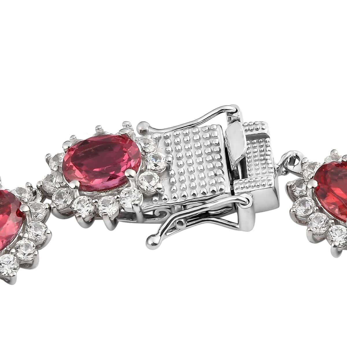 Lab Created Padparadscha Sapphire and Natural White Zircon Bracelet in Platinum Over Sterling Silver (7.25 In) 15.90 Grams 26.40 ctw image number 3