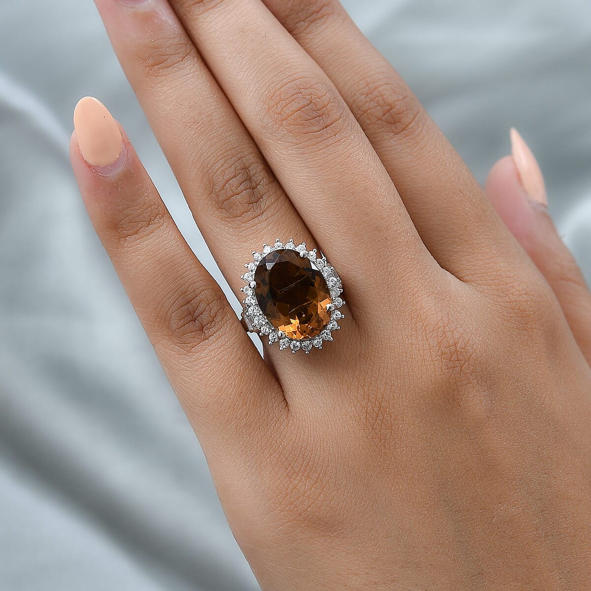 Autumn Alexite and Natural White Zircon Halo Ring in Platinum Over Sterling Silver (Size 10.0) 10.50 ctw image number 2