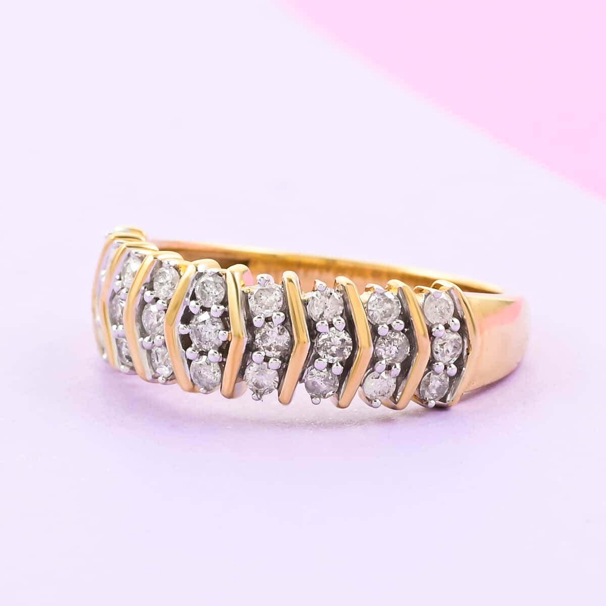 NY Closeout 10K Yellow and White Gold H I2 Diamond Chevron Band Ring (Size 7.0) 3.70 Grams 0.50 ctw image number 1