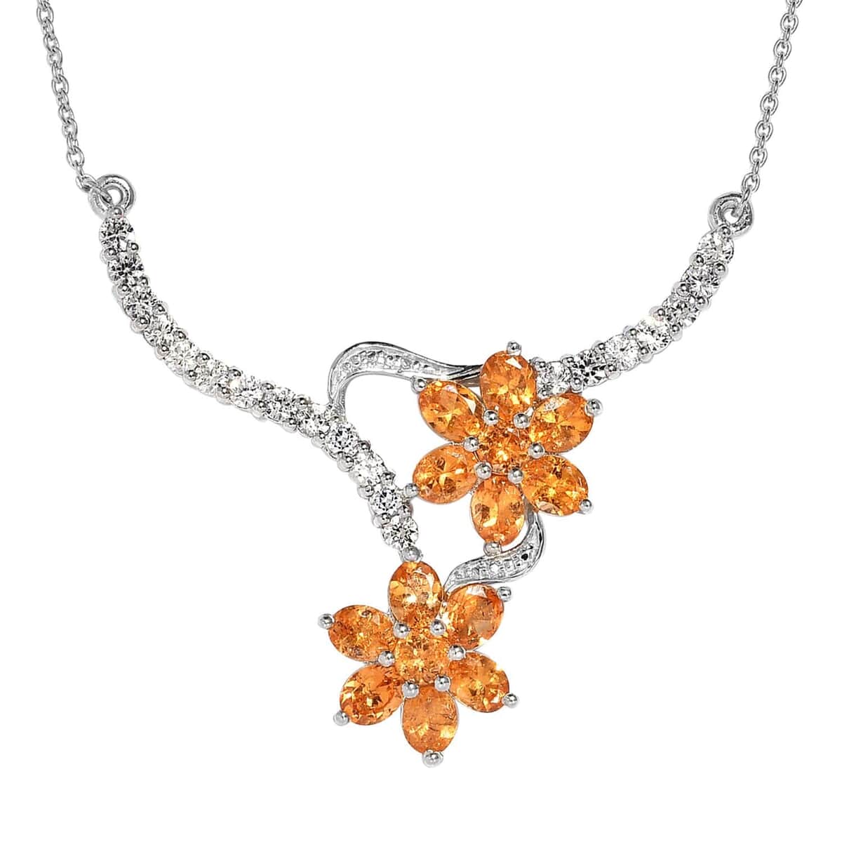 Premium Viceroy Spessartine Garnet and White Zircon Floral Necklace 18 Inches in Platinum Over Sterling Silver 7.85 ctw image number 0