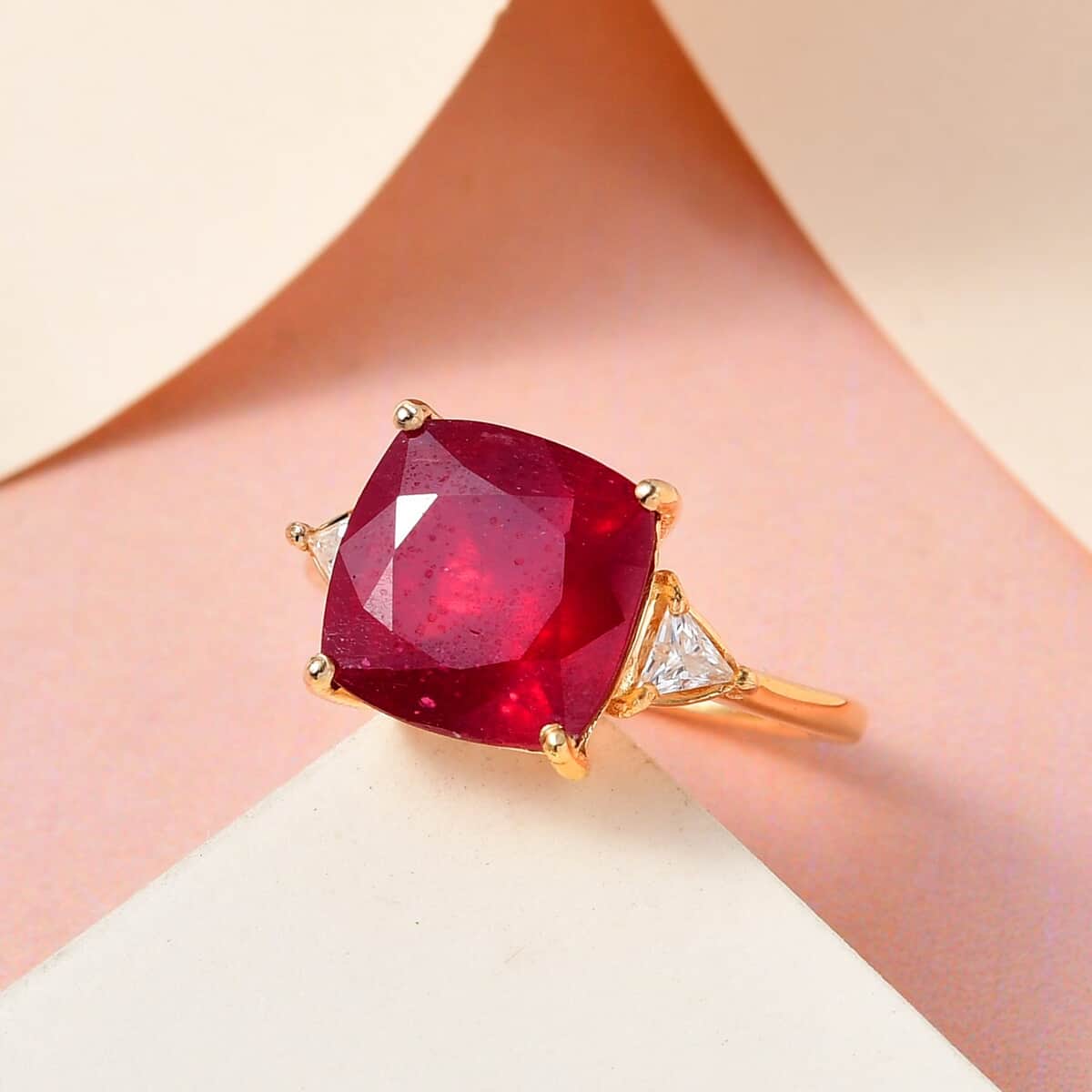Niassa Ruby (FF) and Moissanite Ring in Vermeil Yellow Gold Over Sterling Silver (Size 10.0) 7.10 ctw image number 1