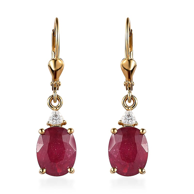 Niassa Ruby (FF) and Moissanite Lever Back Earrings in Vermeil Yellow Gold Over Sterling Silver 8.00 ctw
